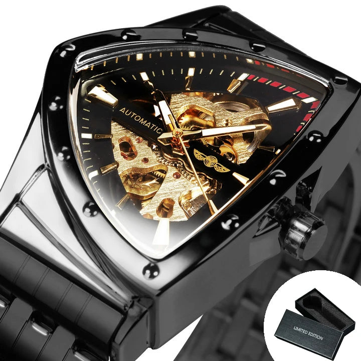 Excellence Military Triangle Skeleton Automatic Watch for Men Gold Sports Mechanical Watches Luxury Stainless Steel Strap Luminous