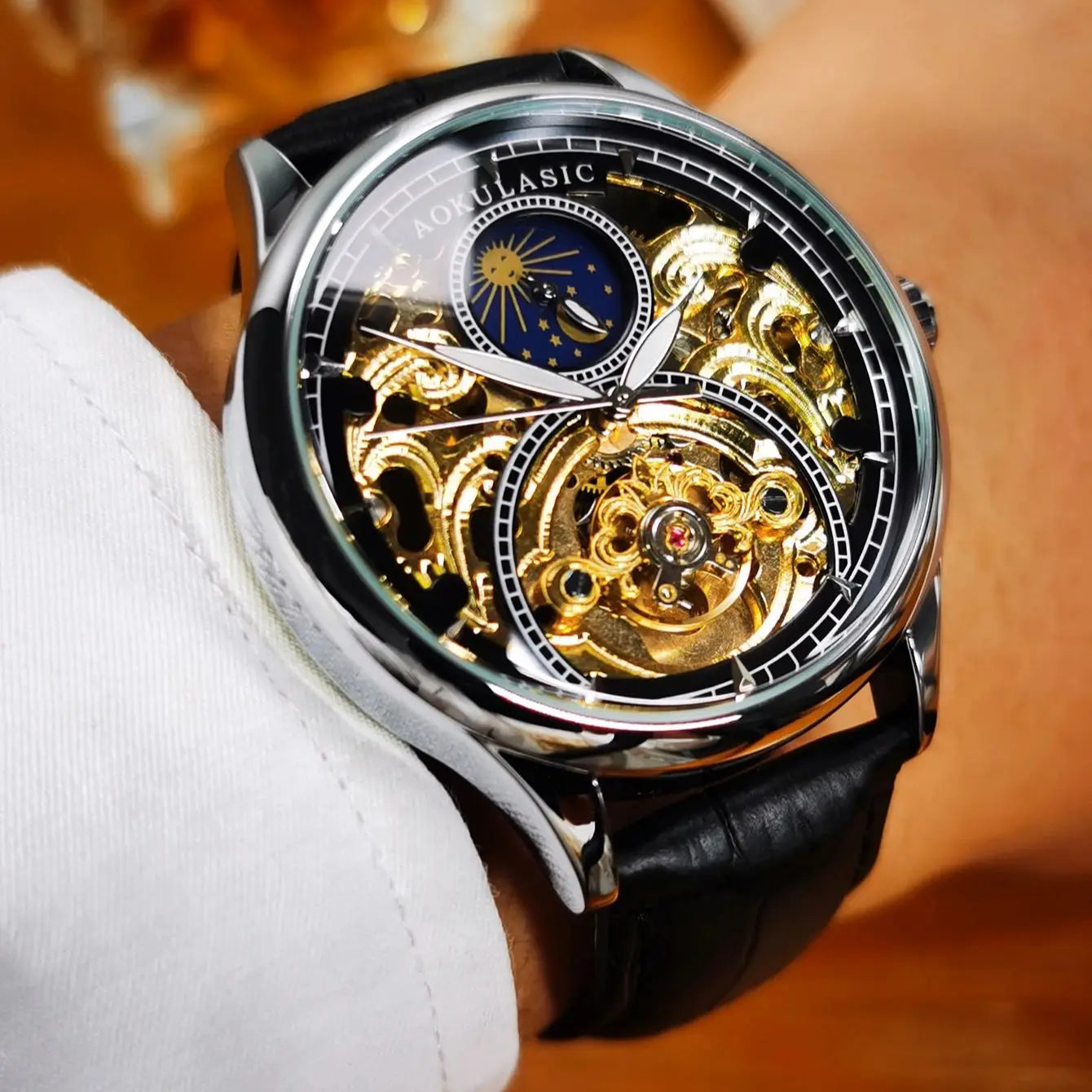 Excellence Tourbillon Men's Watches Top Brand Luxury Skeleton Automatic Mechanical Watch Casual Leather Strap Sun Phase Male Men watch