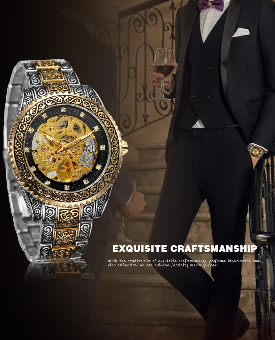 Excellence Luxury Men Automatic Mechanical Wristwatch Waterproof Stainless Steel 3D Diamond Watch Golden Men's watch Vintage