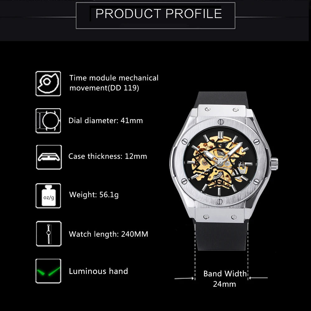 Excellence Sports Automatic Mechanical Watch for Men Fashion Rubber Strap Military Silver Skeleton Watches Luminous Hands