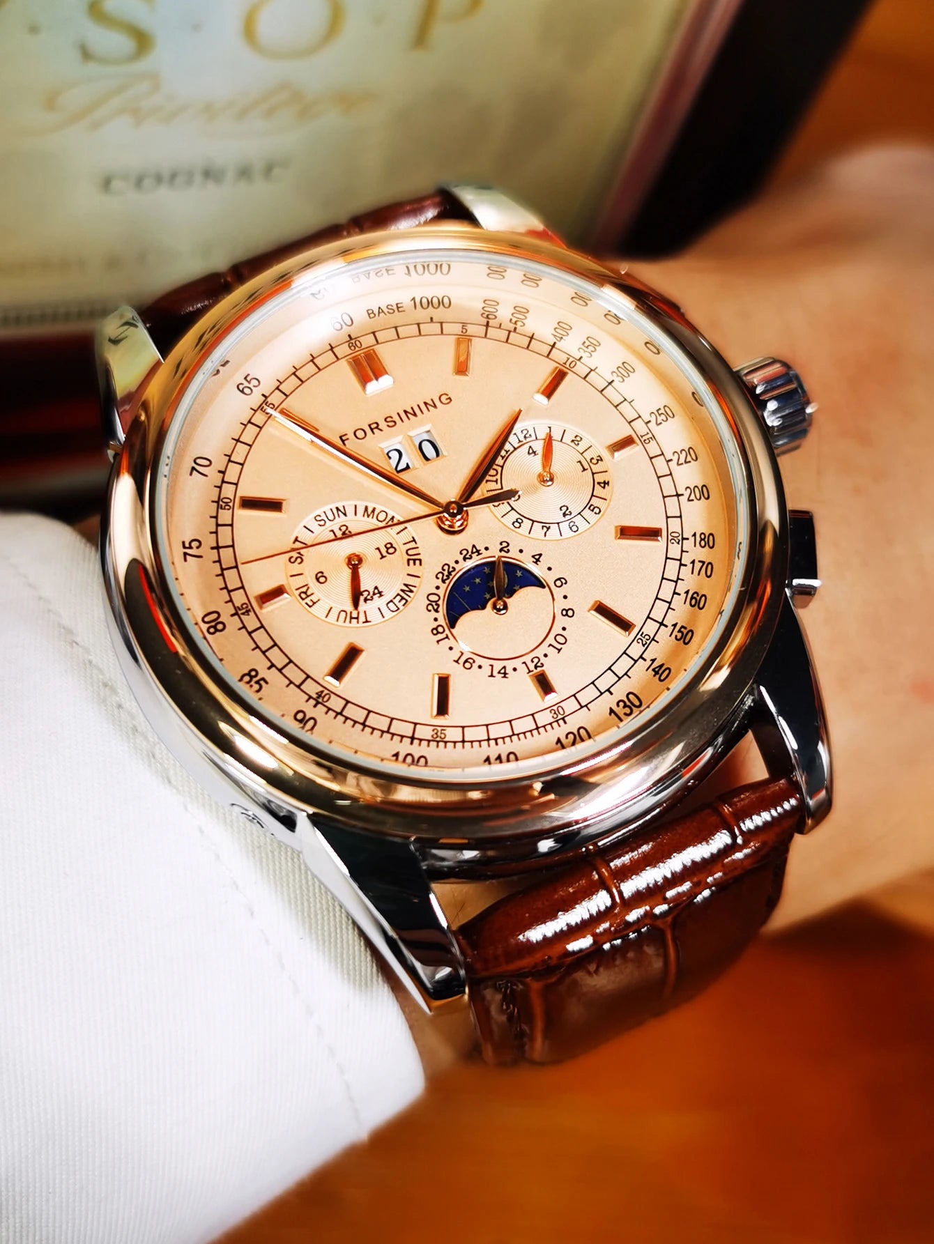 Excellence Mechanical Watches Moon Phase Shanghai Movement Rose Gold Case Brown Leather Strap Luxury Automatic Men's Watch