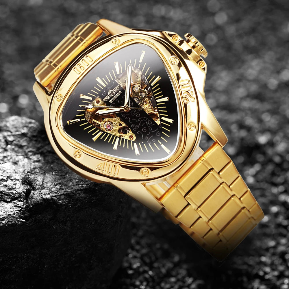 Excellence Sports Military Skeleton Automatic Mechanical Watch for Men Black Gold Triangle Dial Steel Leather Strap Luxury Watches