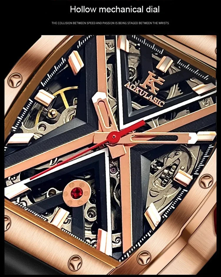 Excellence  Rose Gold Mechanical Watches Luxury Brand Skeleton Automatic Watch for Men Engraved Movement Leather Strap