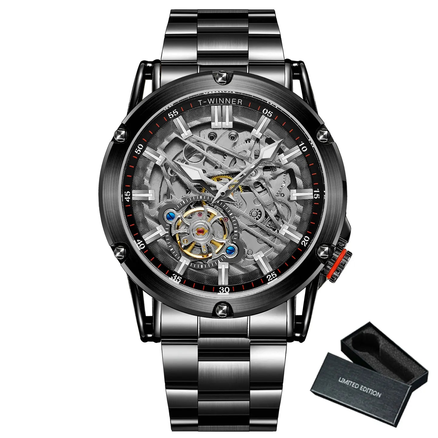 Excellence Sports Military Skeleton Automatic Watch for Men Luminous Hands Stainless Steel Strap Luxury Tourbillon Mens Watches New