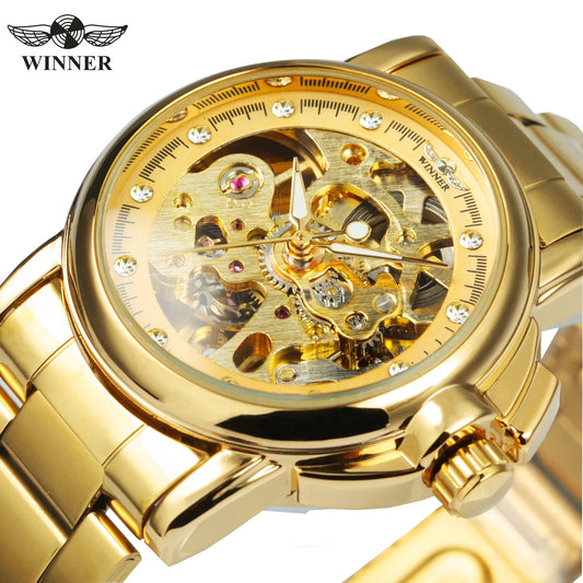 Excellence  Fashion Elegant Mechanical Watch for Women Gold Skeleton Luxury Iced Out Automatic Ladies Watches Stainless Steel Strap