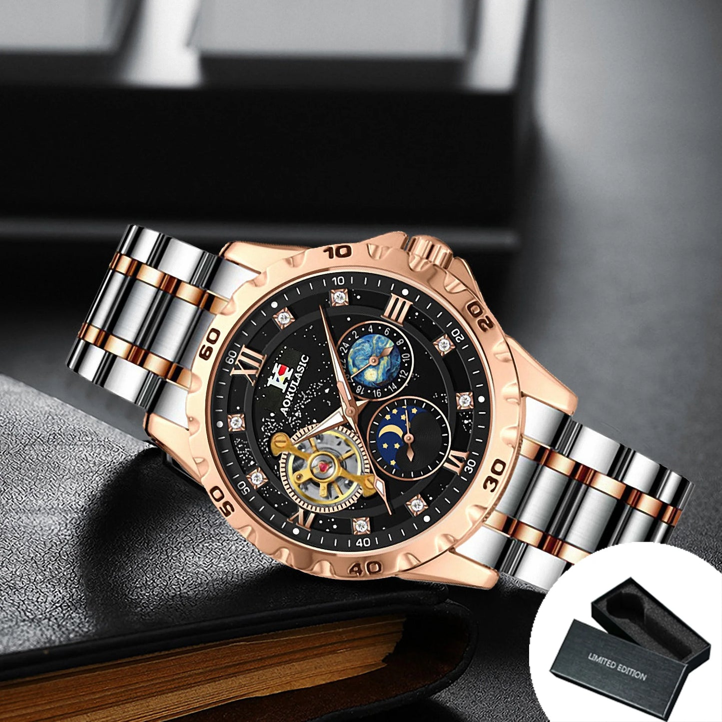 Excellence Moon Phase Tourbillon Automatic Watch for Men Luminous Fashion Diamond Leather Steel Strap Luxury Mechanical Watch