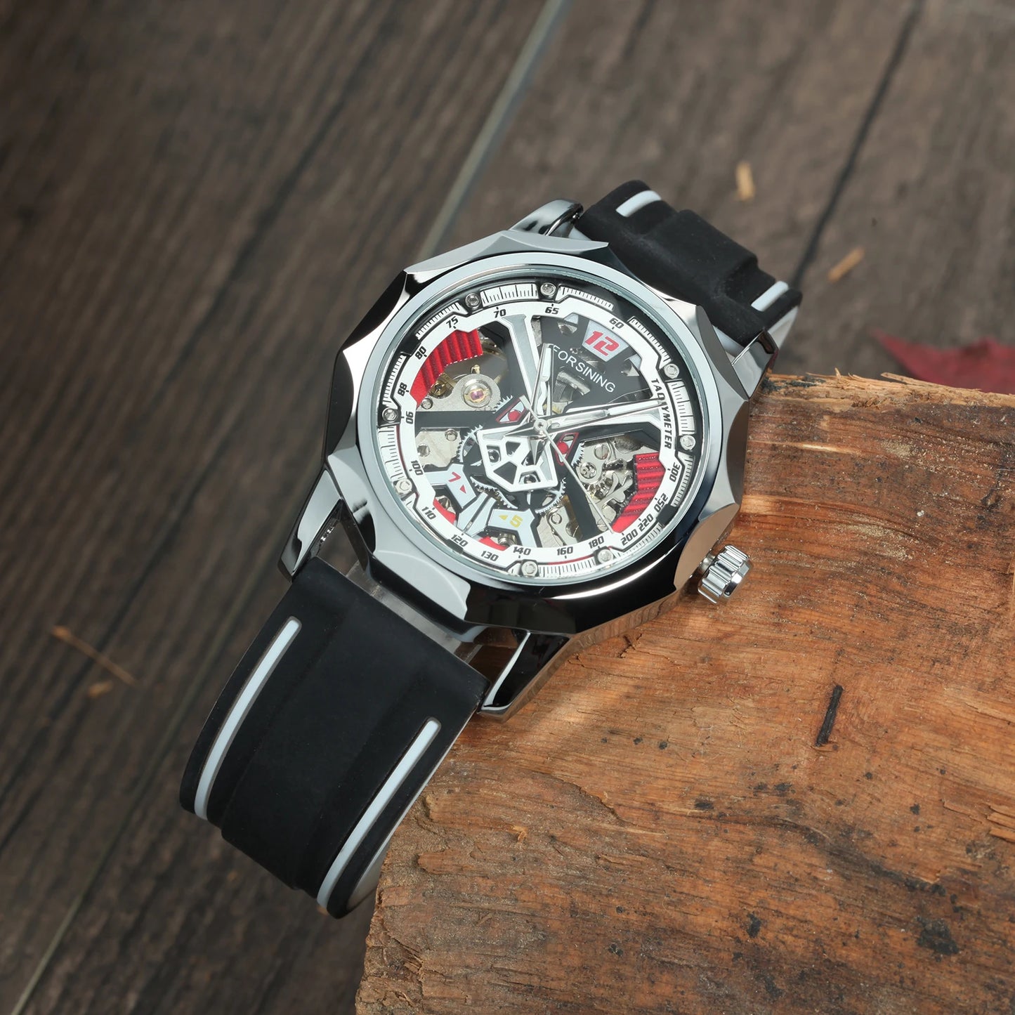 Excellence Fashion Gold Skeleton Mechanical Watches for Men Luminous Hands Casual Black Red Rubber Strap Irregular Sports Watch