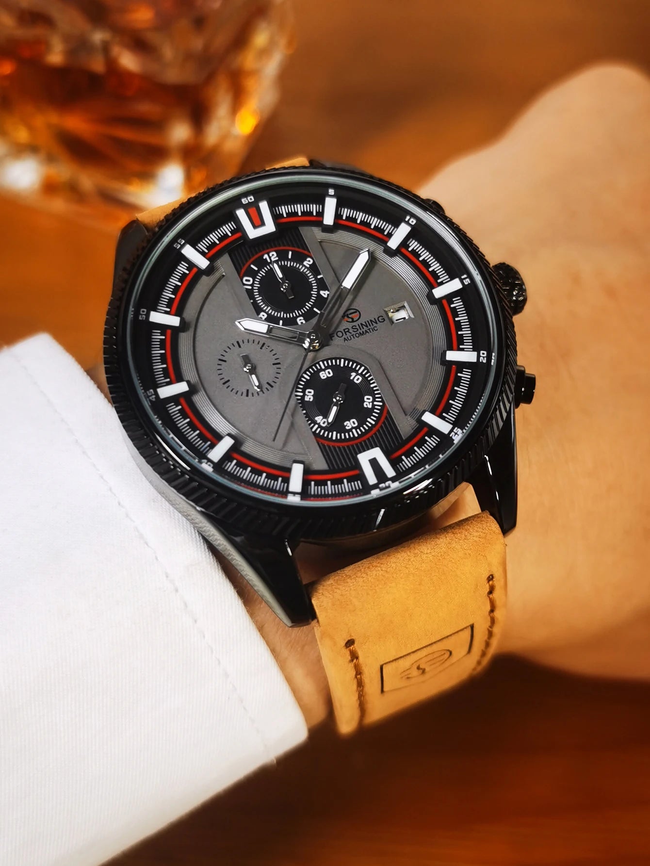 Excellence  Sports Men's Watches Top Brand Luxury Calendar Brown Leather Strap Luminous Hands Fashion Automatic Mechanical Watch