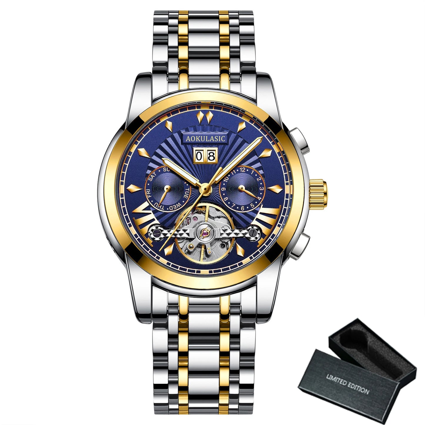 Excellence Sports Tourbillon Men's Watches Top Brand Luxury Skeleton Automatic Mechanical Watch Stainless Steel Strap Calendar