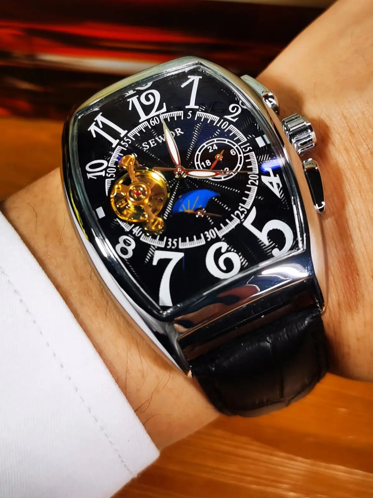 Excellence Luxury Skeleton Automatic Men's Watch Moon Phase Tonneau Tourbillon Mechanical Watches Genuine Leather Strap Luminous Hands