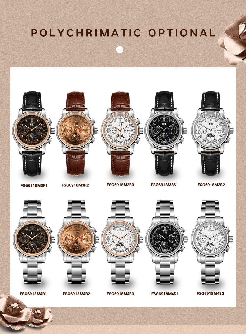 Excellence Women Automatic Mechanical Fashion Luxury Wrist Watches Ladies Diamond Moon Phase Multifunctional.