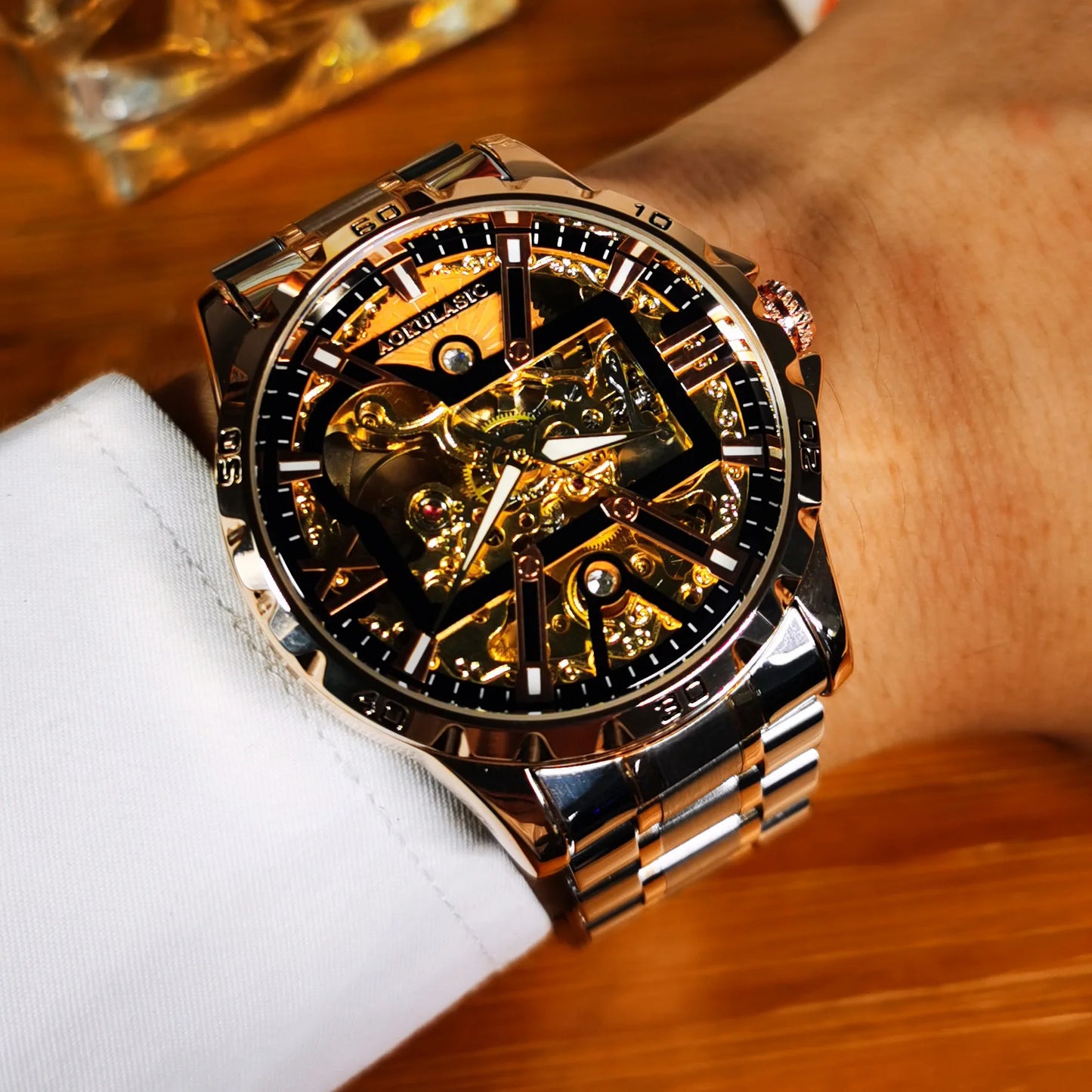 Excellence Brand Military Mechanical Watches Fashion Iced Out Gold Skeleton Automatic Watch for Men Stainless Steel Strap Luminous