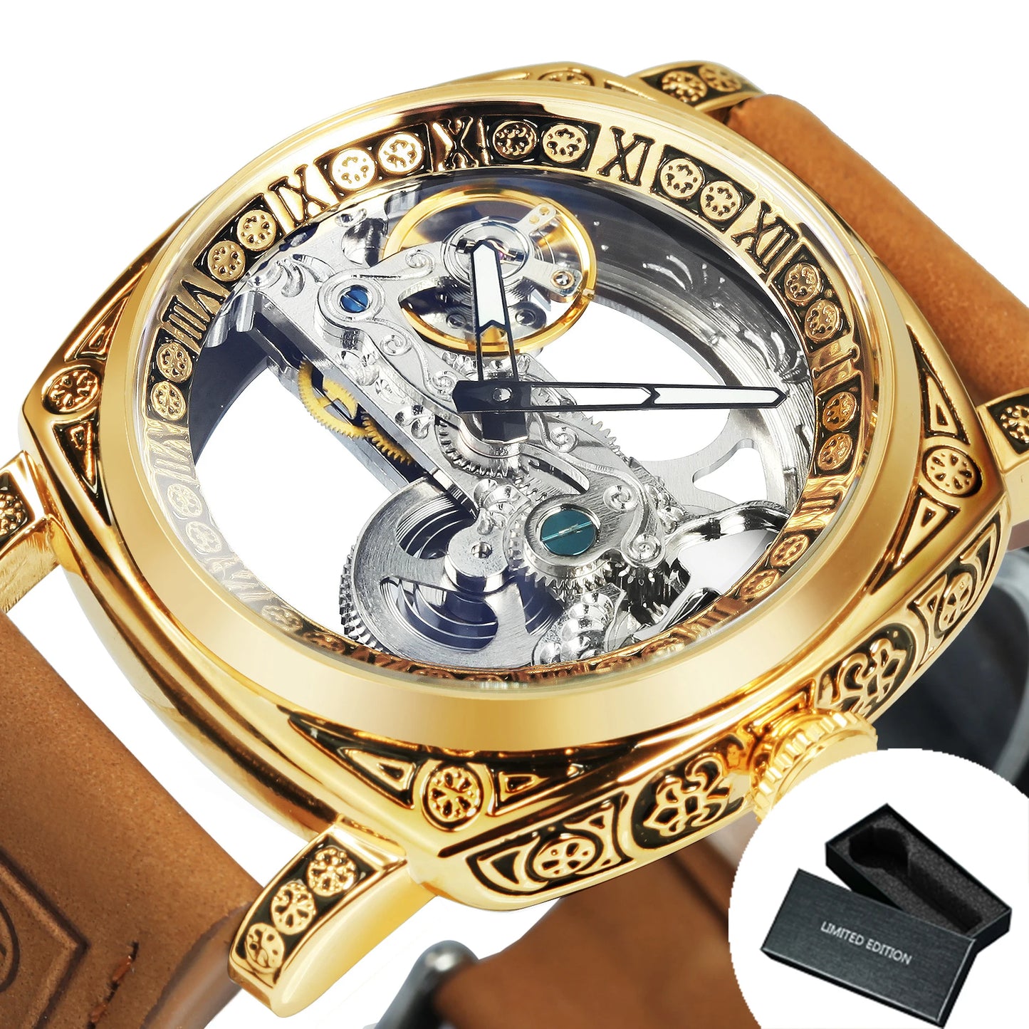 Excellence Square Luxury Skeleton Mechanical Watches Retro Engraved Case Golden Bridge Automatic Men's Watch Genuine Leather Strap