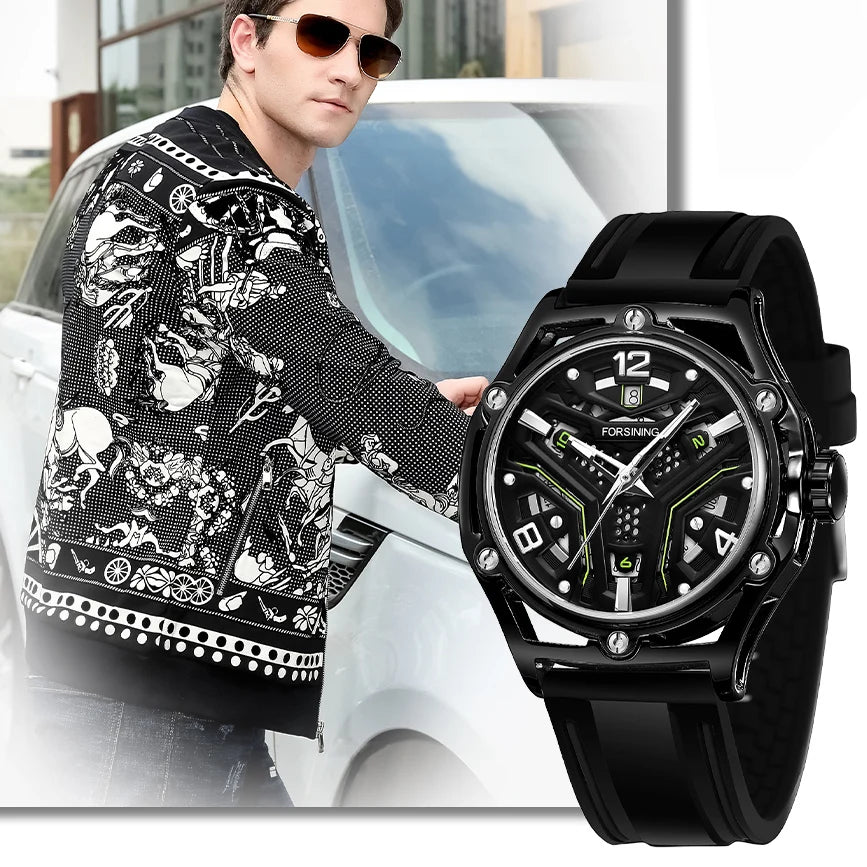 Excellence  Original Luxury Hollow Skeleton Automatic Mechanical  Men's Watch Waterproof Sports Rubber Band Wrist Watches