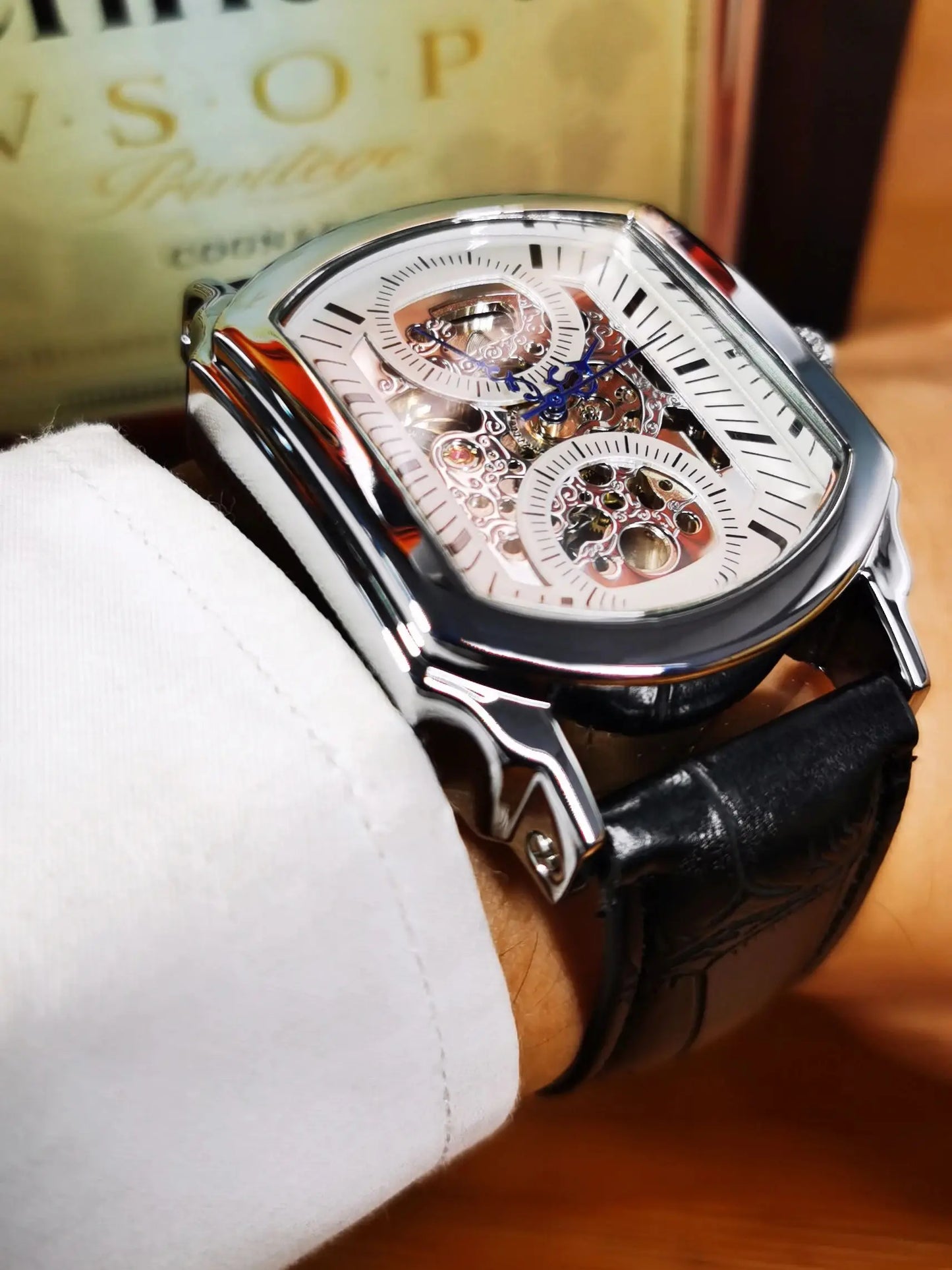 Excellence Business Men's Mechanical Watches Blue Pointers Irregular Skeleton Automatic Watch for Men Casual Leather Strap Wristwatch