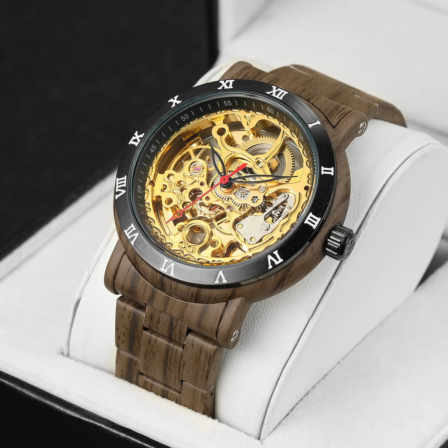 Excellence Design Skeleton Wristwatches Imitation Wood Grain Stainless Steel Strip  Automatic Watches for Men Transparent Watch