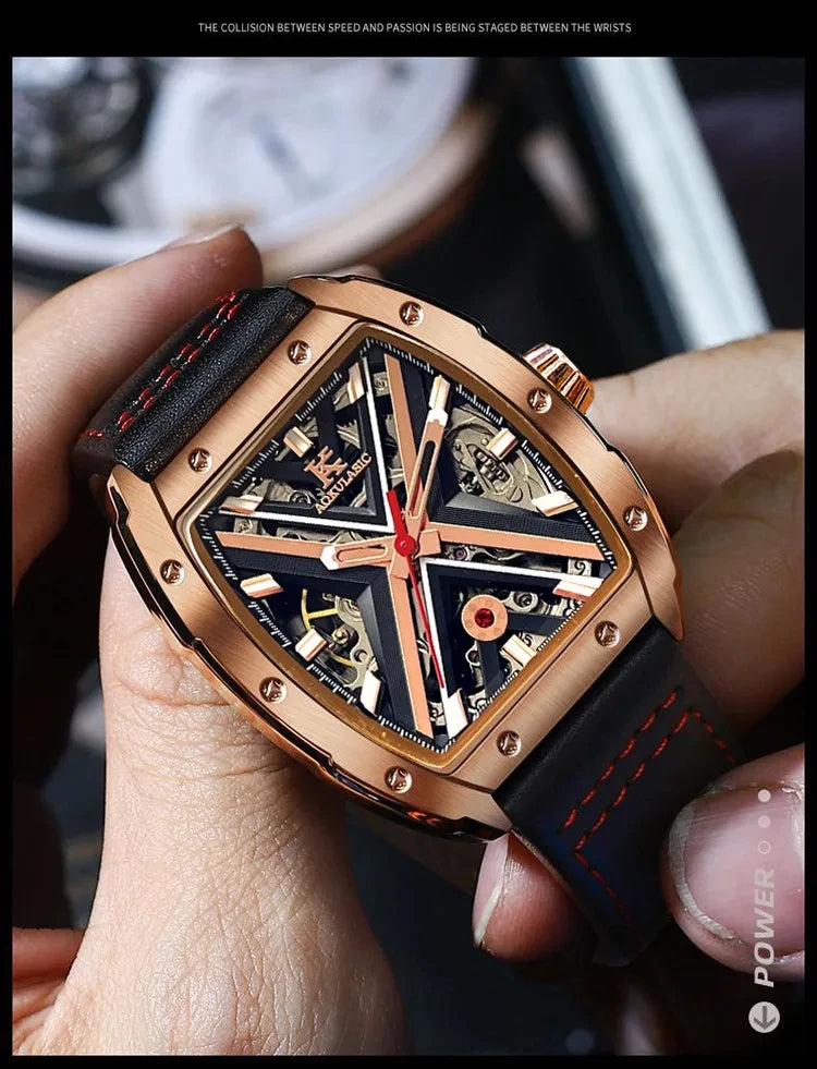 Excellence  Rose Gold Mechanical Watches Luxury Brand Skeleton Automatic Watch for Men Engraved Movement Leather Strap