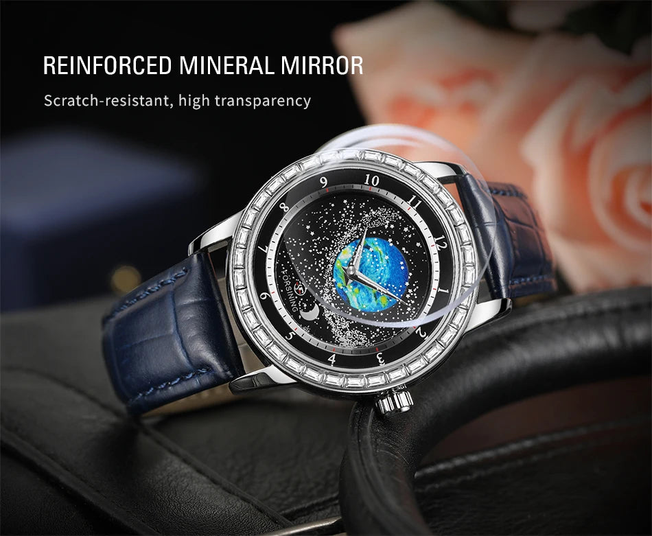 Excellence Design Earth Star Moon Set With Diamonds Genuine Belt Men Mechanical Automatic Watch Waterproof For Business