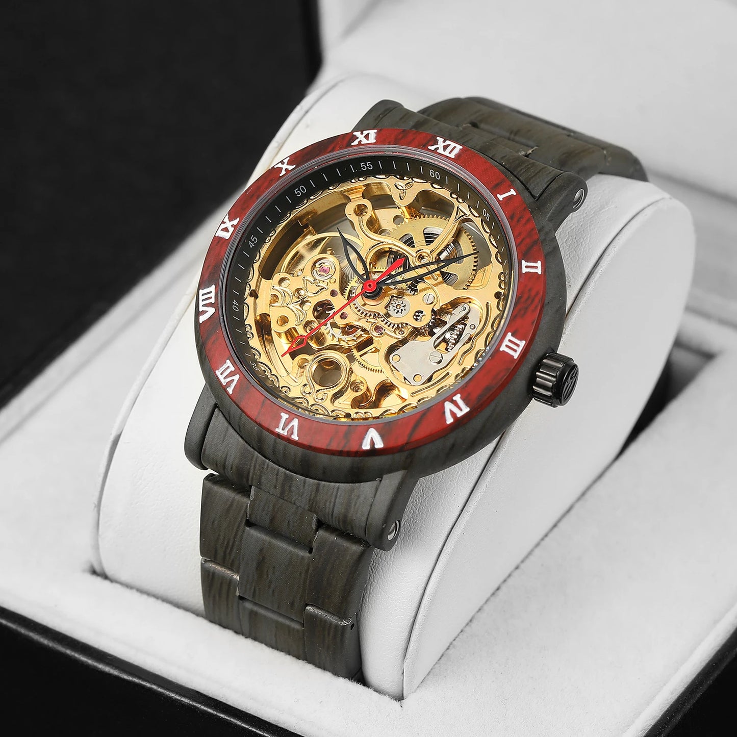 Excellence Design Skeleton Wristwatches Imitation Wood Grain Stainless Steel Strip  Automatic Watches for Men Transparent Watch