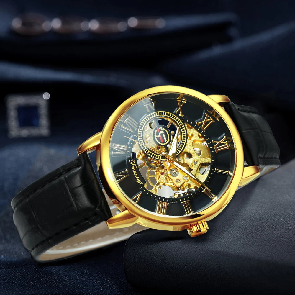 Excellence Classic Retro Skeleton Mechanical Watch for Men Luminous Hands Top Brand Luxury Men's Watches Leather Strap Clock 2024