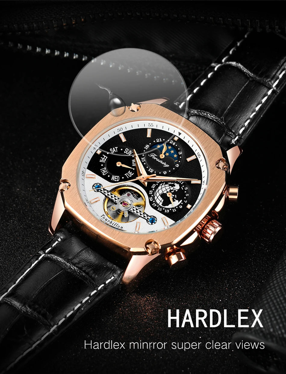 Excellence New Square Waterproof Mechanical Watches Luxury Leather Watch For Men Tourbillon Multifunctional Automatic Date Wristwatch