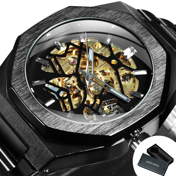 Excellence Black Gold Skeleton Watch for Men Luxury Irregular Business Automatic Mechanical Watches Stainless Steel Strap Luminous