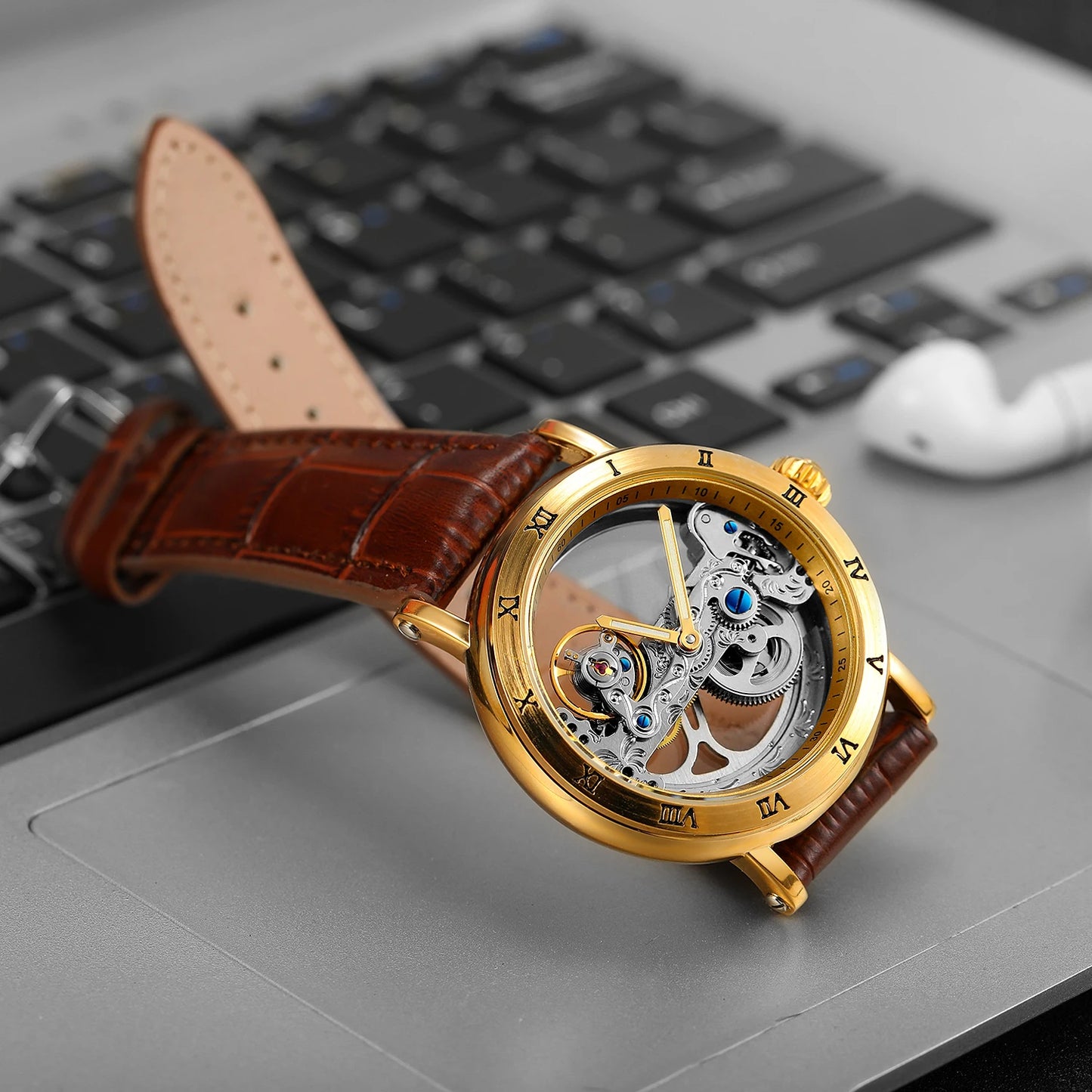 Excellence Gold Bridge Skeleton Automatic Watch for Men Luminous Hands Stainless Steel Leather Strap Luxury Mechanical Watches