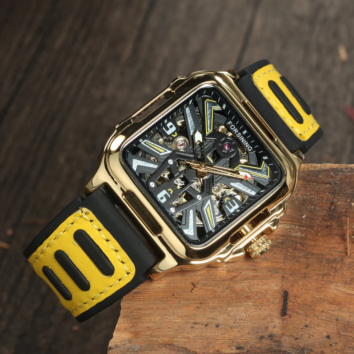 Excellence Gold Black Square Skeleton Automatic Watch for Men Luminous Hands Luxury Sports Mechanical Watches Rubber Leather Band