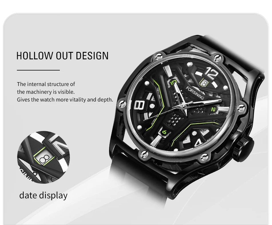 Excellence  Original Luxury Hollow Skeleton Automatic Mechanical  Men's Watch Waterproof Sports Rubber Band Wrist Watches