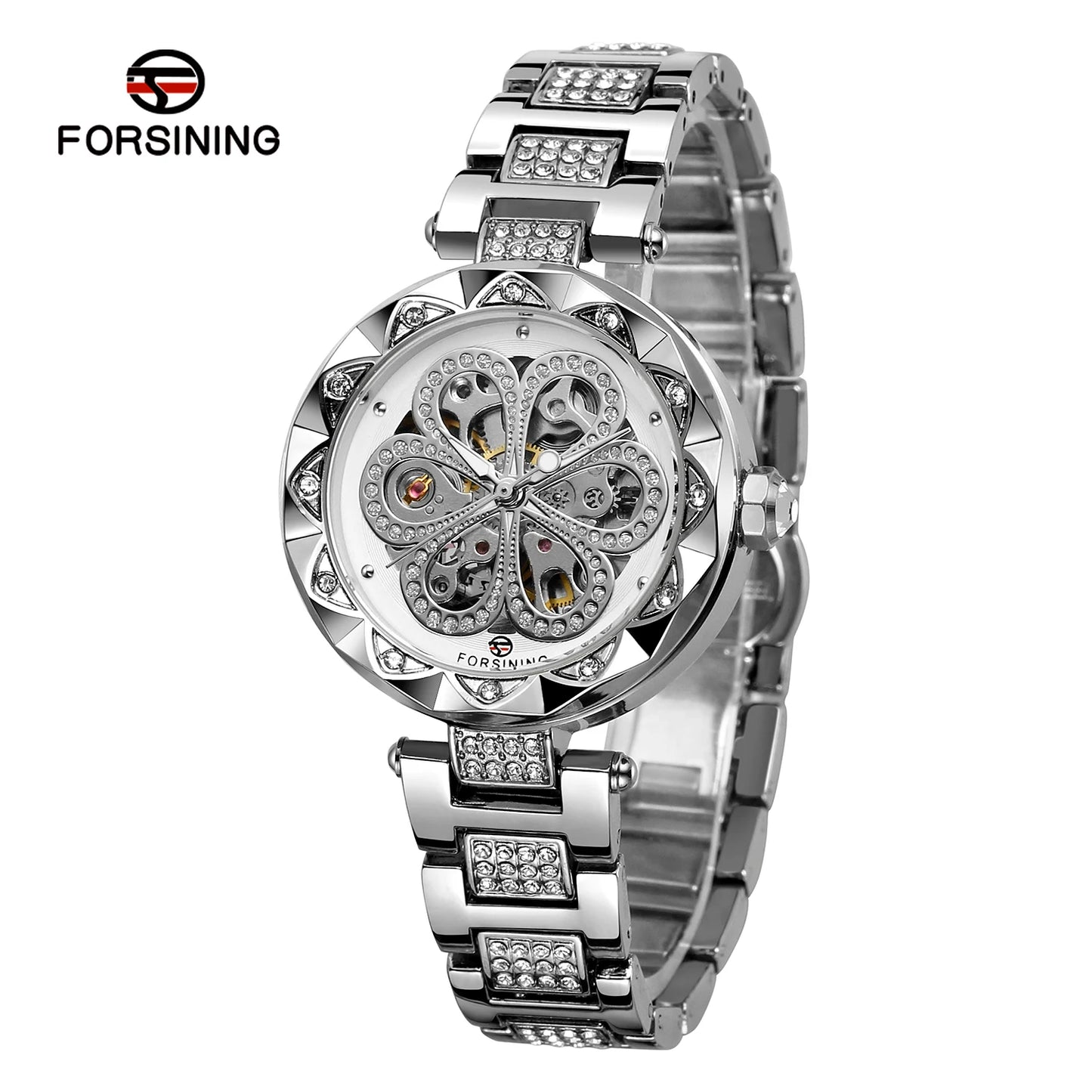 Excellence Skeleton Watch for Women Fashion Classics Diamond Automatic Mechanical Watches Luminous Hands Stainless Steel Strap