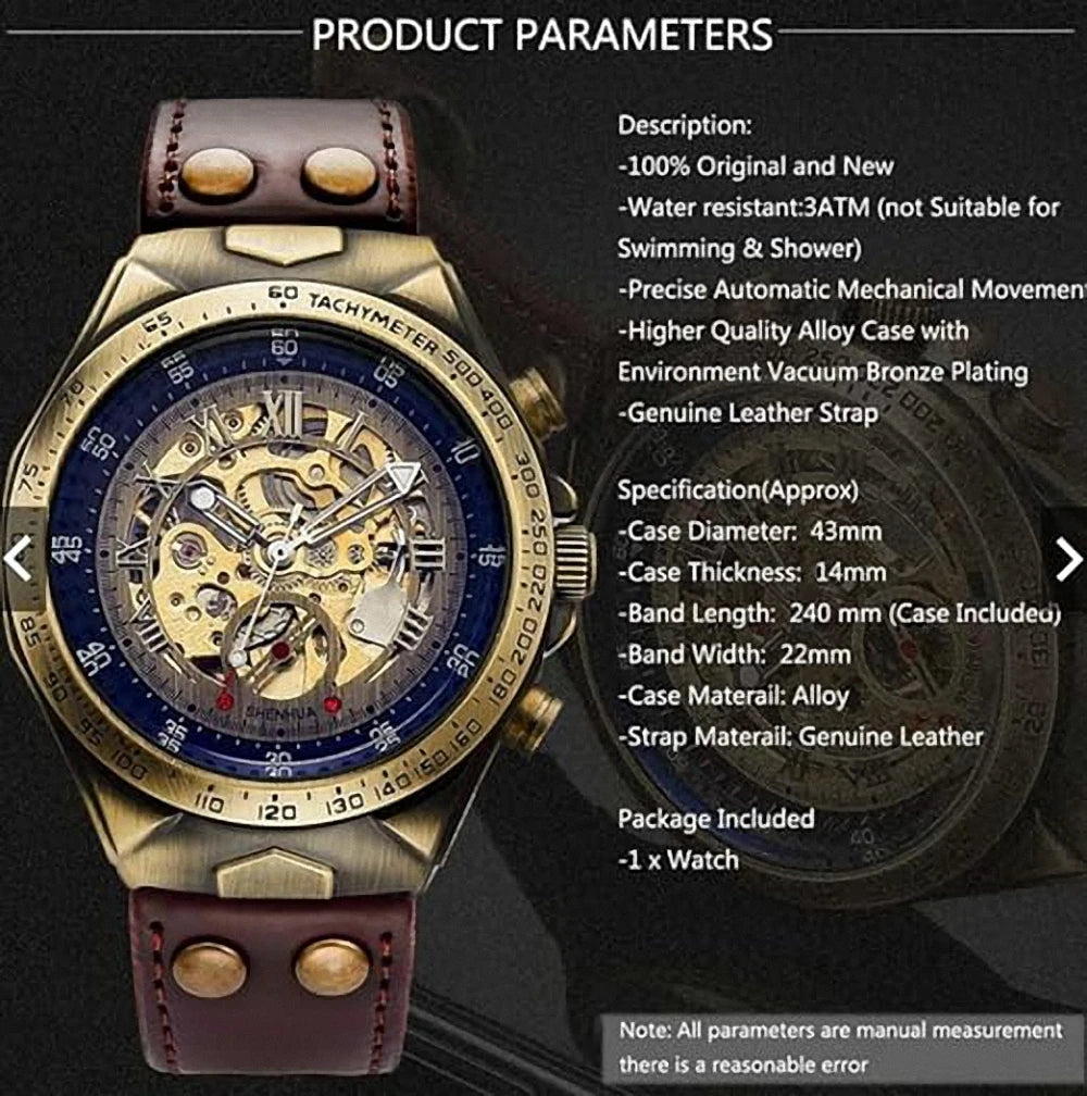 Excellence Skeleton Automatic Mechanical Watch for Men Luminous Hand Brown Genuine Leather Belt Luxury Brand Steampunk Watches