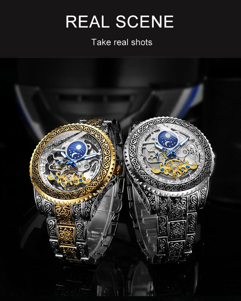 Excellence Luxury Transparent Skeleton Automatic Mechanical Wristwatch Stainless Steel Moonphase Watch Men's Watch