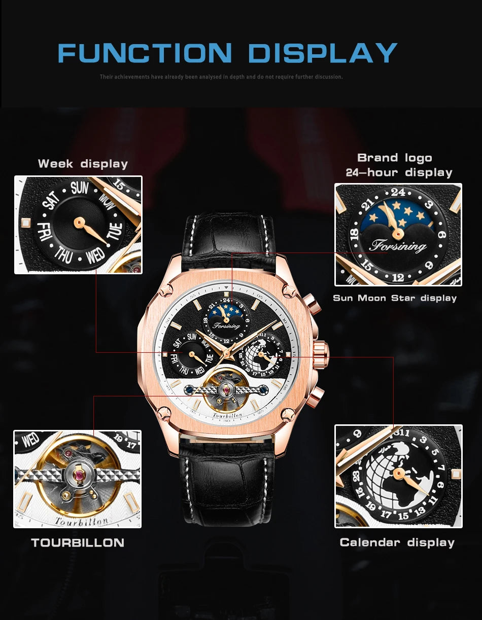 Excellence New Square Waterproof Mechanical Watches Luxury Leather Watch For Men Tourbillon Multifunctional Automatic Date Wristwatch