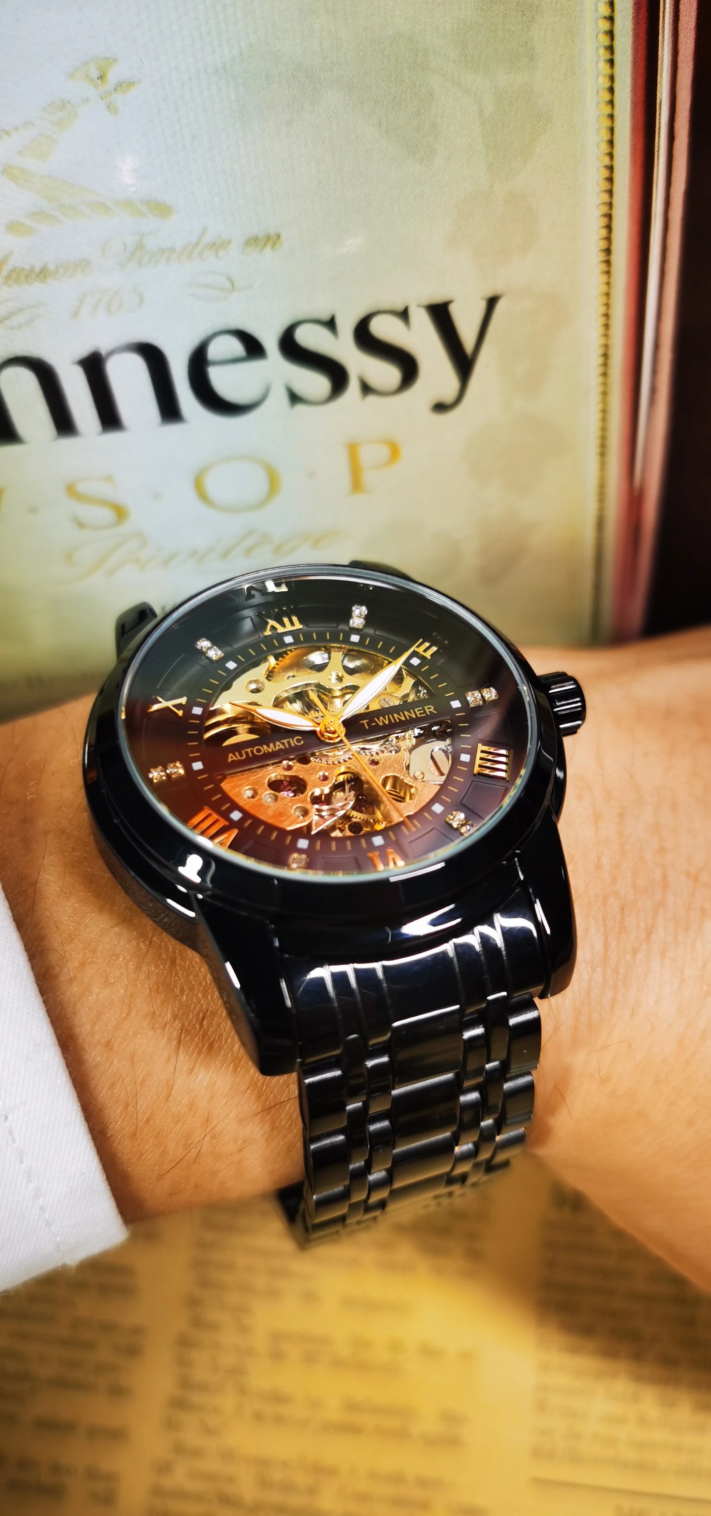 Excellence Gold Black Mechanical Watches Classic Retro Iced Out Skeleton Automatic Watch for Men Stainless Steel Band Luminous Hands