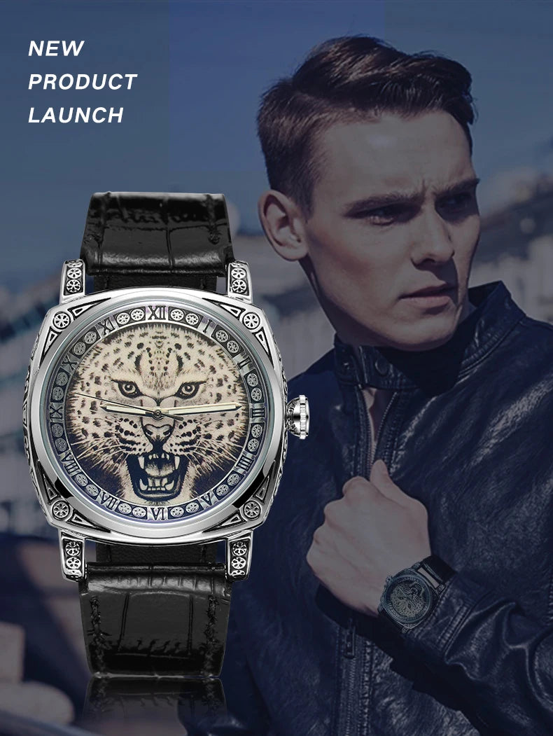 Excellece Top Brand Mechanical Male Wristwatch Square Engraved Vintage Tiger Leather Strap Luminous Hands Men Watch