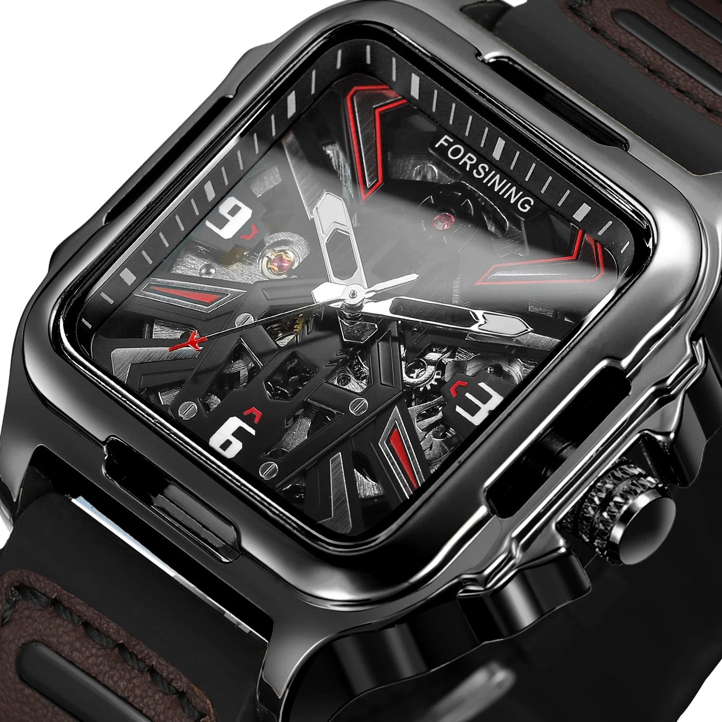 Excellence Original Square Skeleton Mechanical Men Watch Automatic Movement Clock Field Sport Rubber Band Luxury Replica Watches