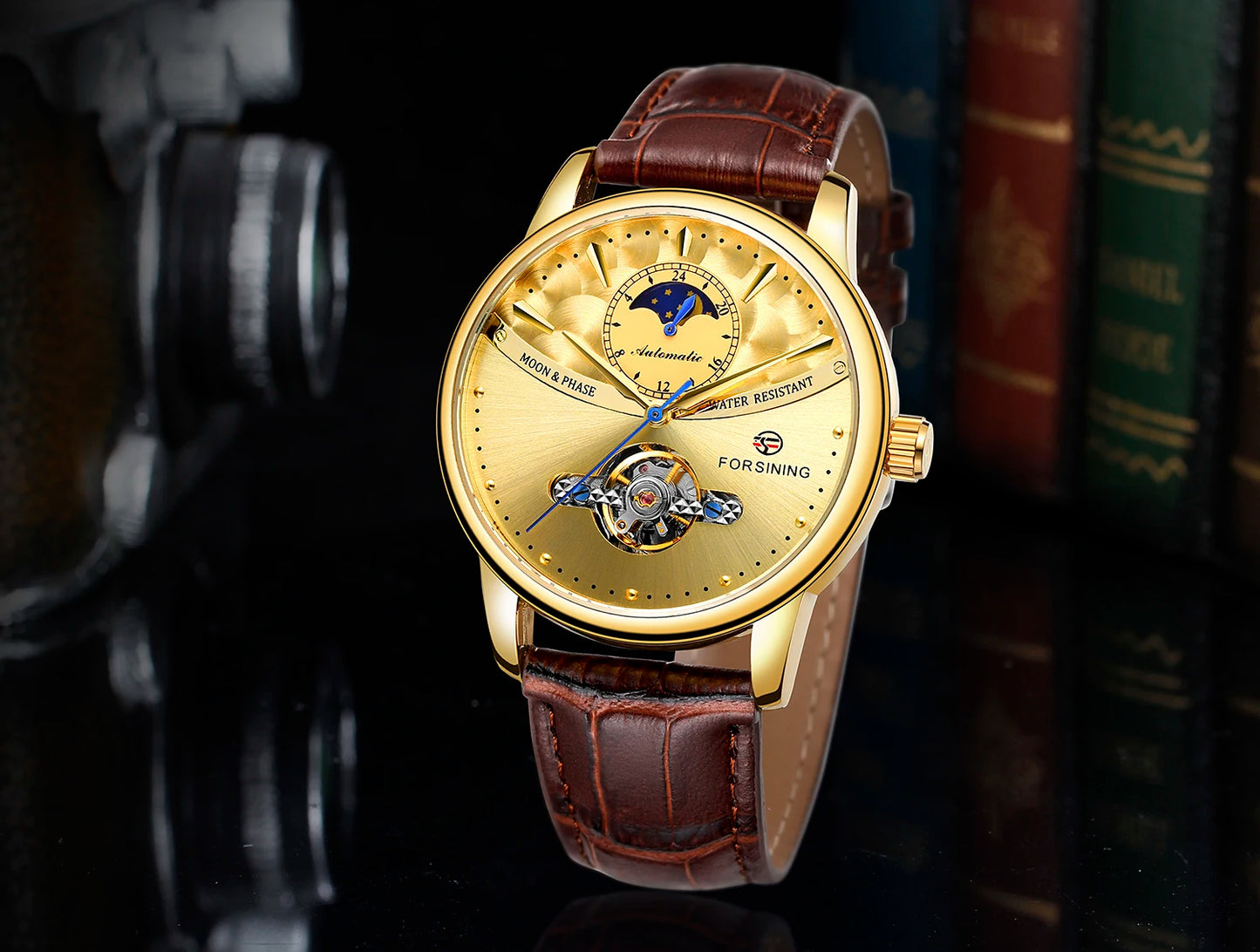 Excellence Luxury Gold Automatic Watch for Men Moon Phase Retro Brown Genuine Leather Belt Tourbillon Skeleton Mechanical Watch