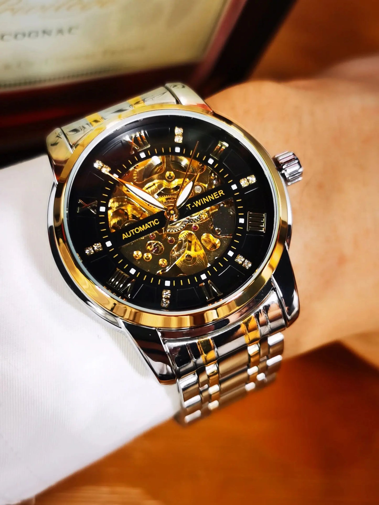 Excellence Gold Black Mechanical Watches Classic Retro Iced Out Skeleton Automatic Watch for Men Stainless Steel Band Luminous Hands