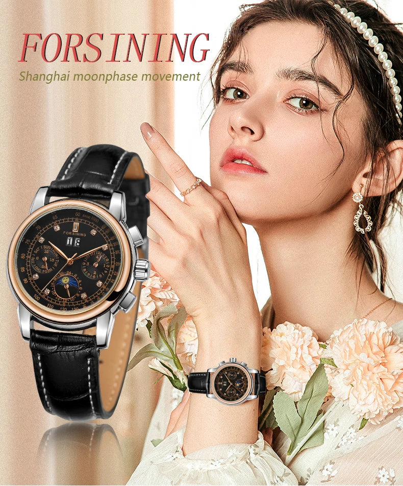 Excellence Women Automatic Mechanical Fashion Luxury Wrist Watches Ladies Diamond Moon Phase Multifunctional.