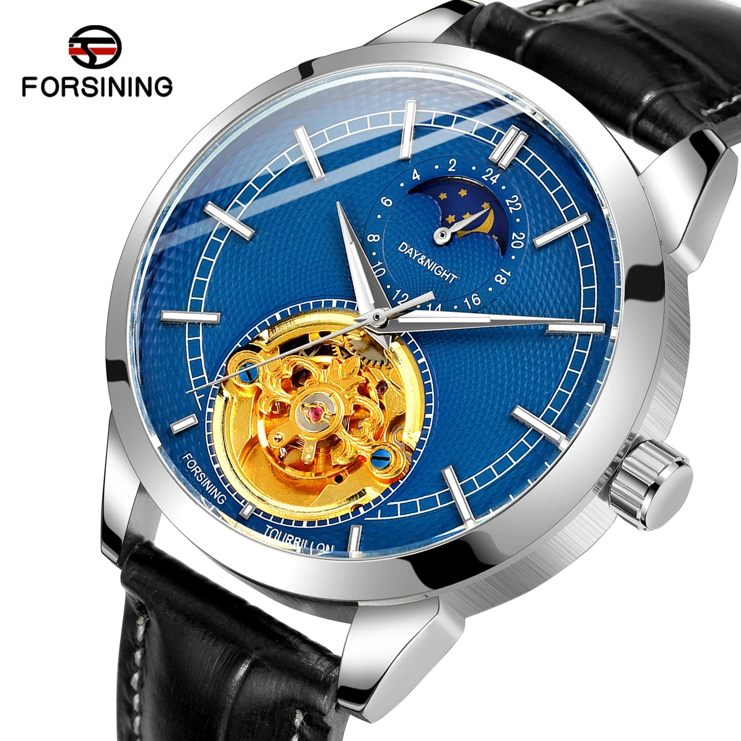 Excellence  Top Brand Hollow Tourbillon Pin Scale Full Automatic Mechanical Man Business Leather Belt Moon Phase Watch