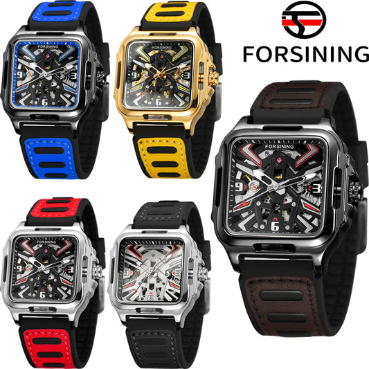 Excellence Original Square Skeleton Mechanical Men Watch Automatic Movement Clock Field Sport Rubber Band Luxury Replica Watches