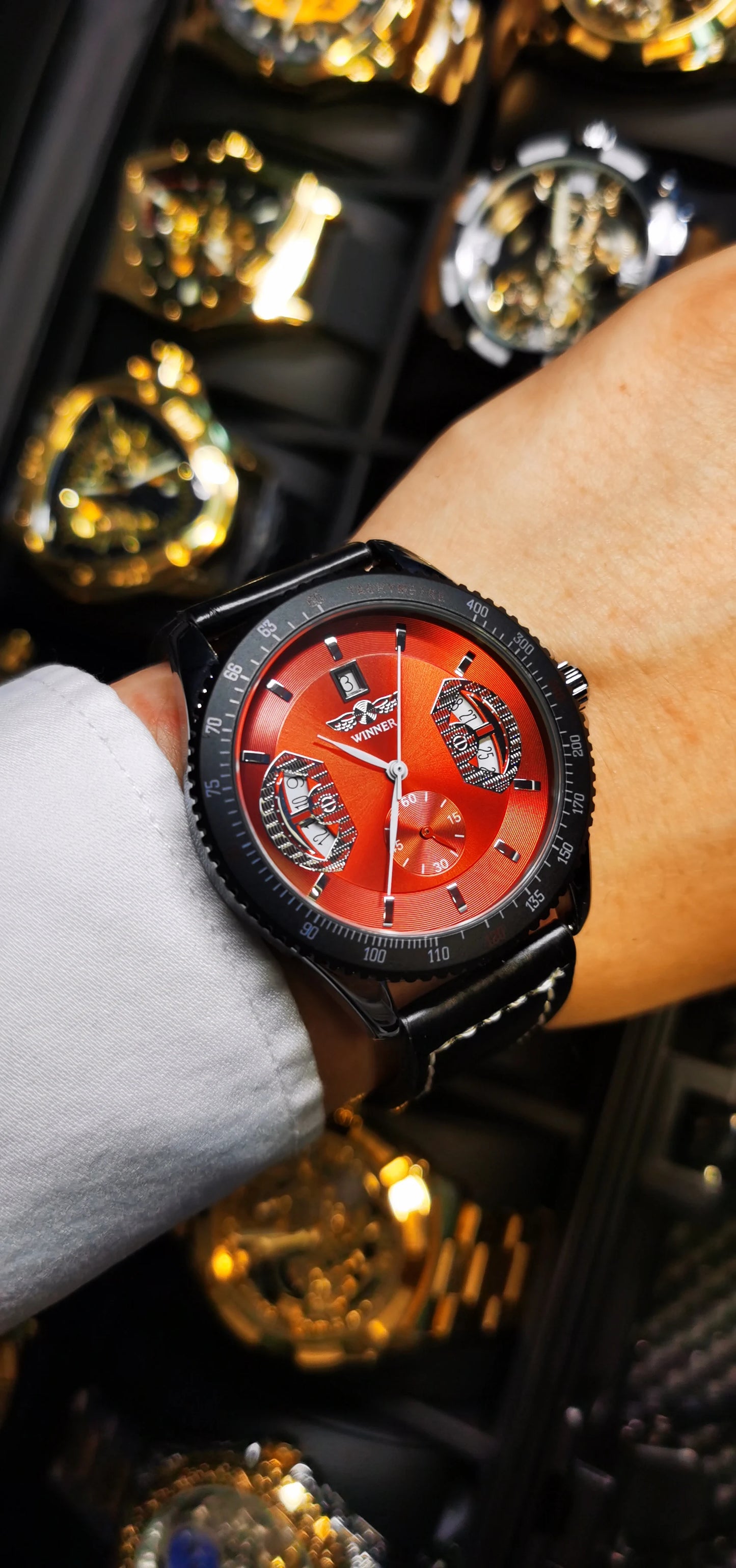 Excellence  Sports Skeleton Mechanical Watches Red Multifunction Dial Date Display Casual Leather Strap Military Automatic Men's Watch