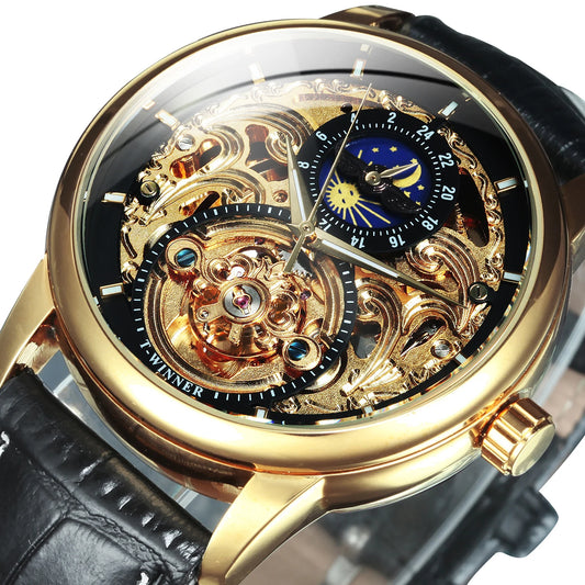 Excellence Moon Phase Watch for Men Luxury Tourbillon Skeleton Automatic Mechanical Watches Casual Genuine Leather Strap