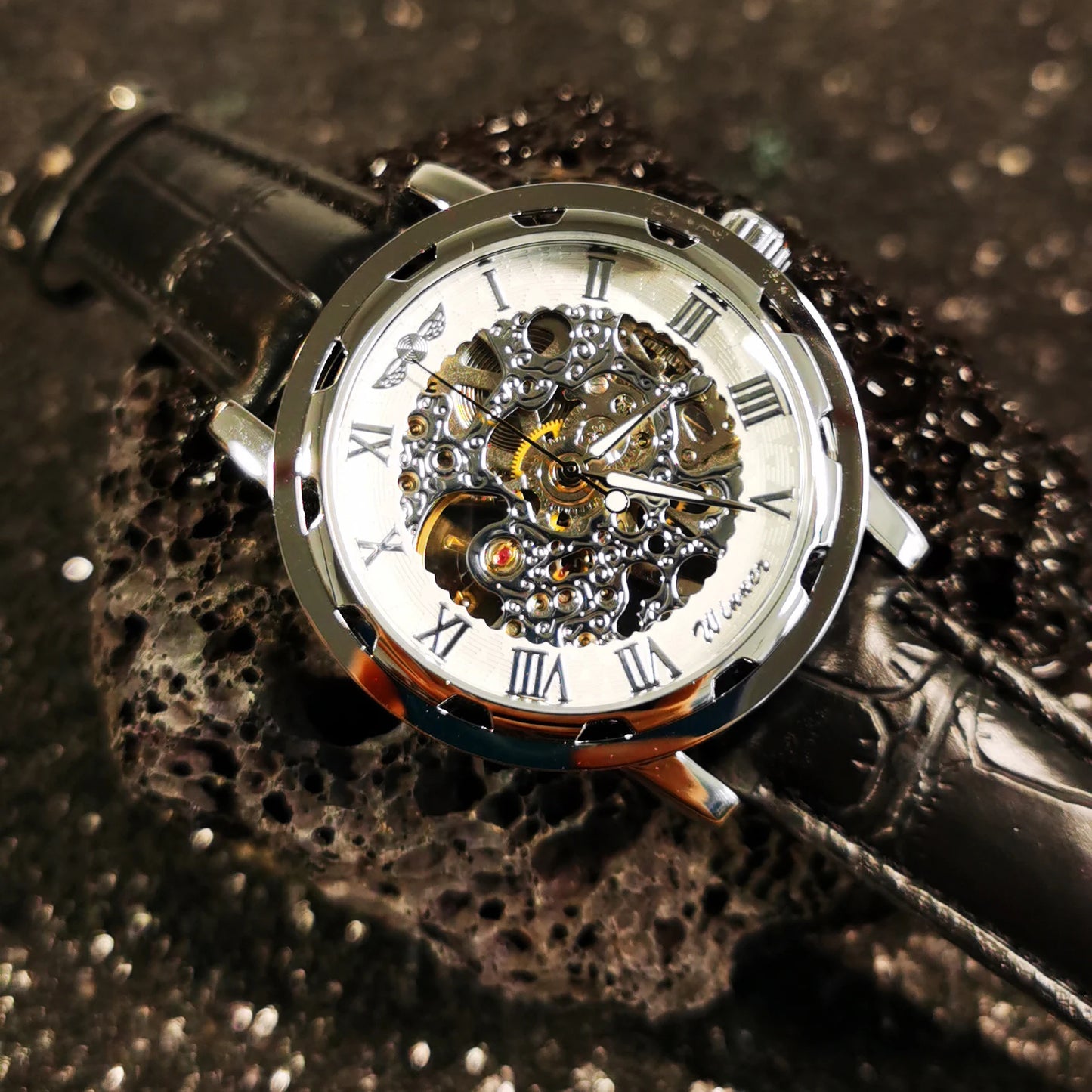 Excellence Transparent Skeleton Mechanical Watches Luminous Hands Silver White Retro Luxury Watch for Men Black Leather Belt