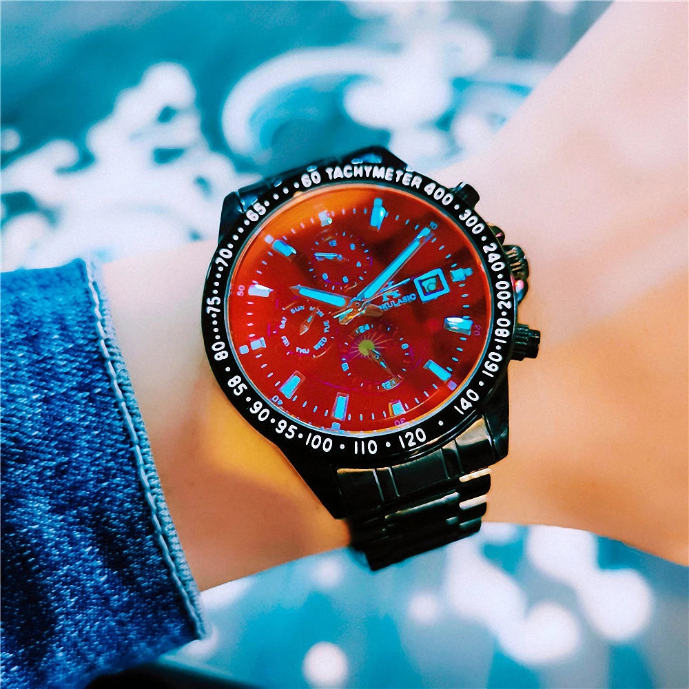 Excellence Fashion Multifunctional Automatic Watch for Men Week Display Moon Phase Red Light Coat Mechanical Watches Steel Strap