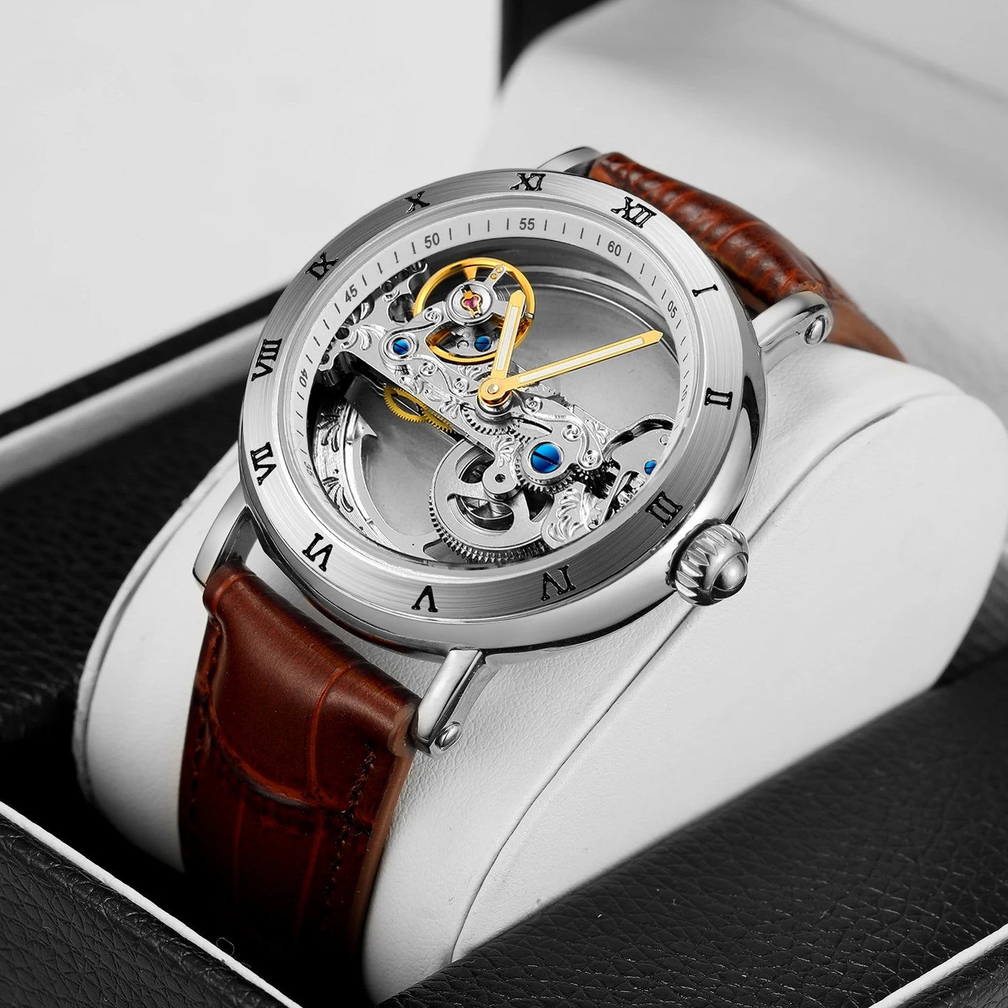 Excellence Gold Bridge Skeleton Automatic Watch for Men Luminous Hands Stainless Steel Leather Strap Luxury Mechanical Watches