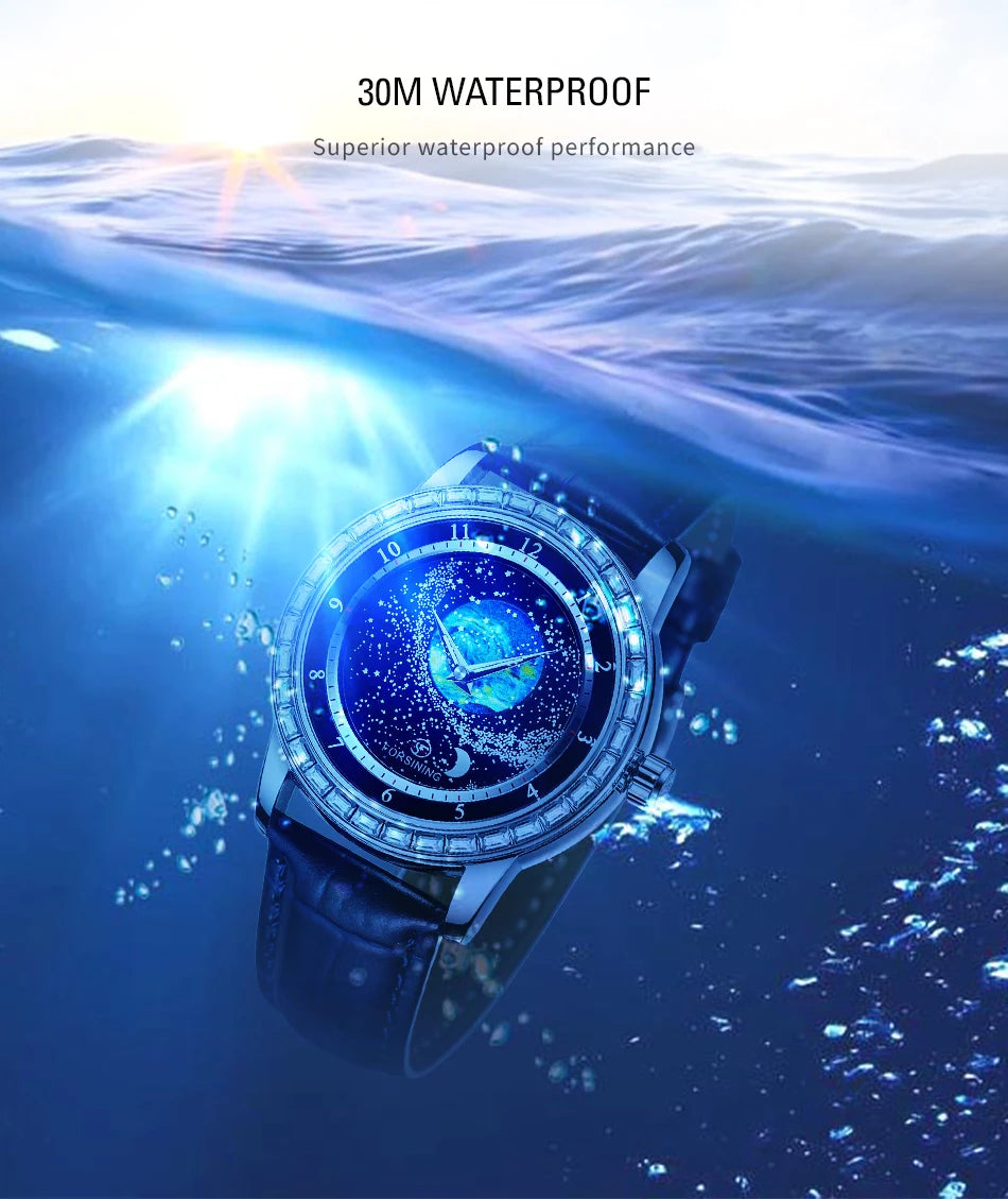 Excellence Design Earth Star Moon Set With Diamonds Genuine Belt Men Mechanical Automatic Watch Waterproof For Business