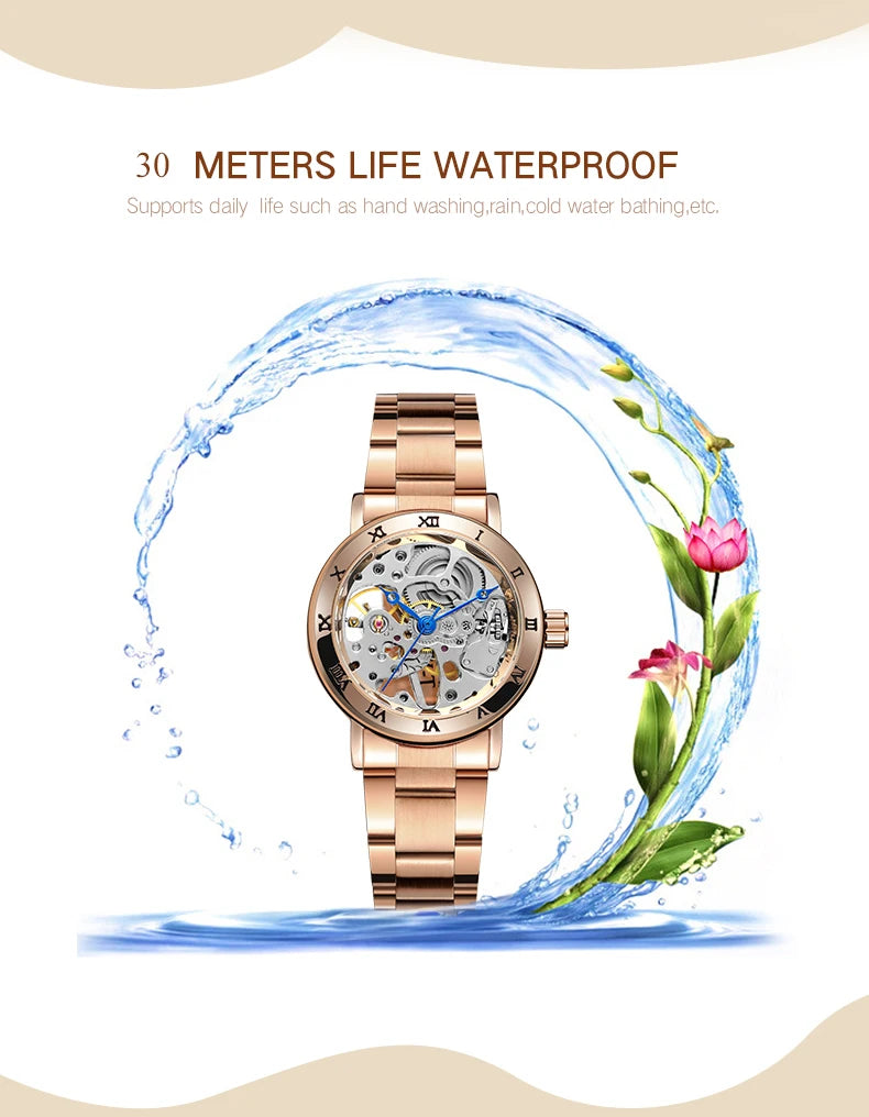 Excellence Skeleton Dial Stainless Steel Exquisite Watch Rose Golden Women Fashion Watch Luxury Brand Waterproof Mechanical movement.