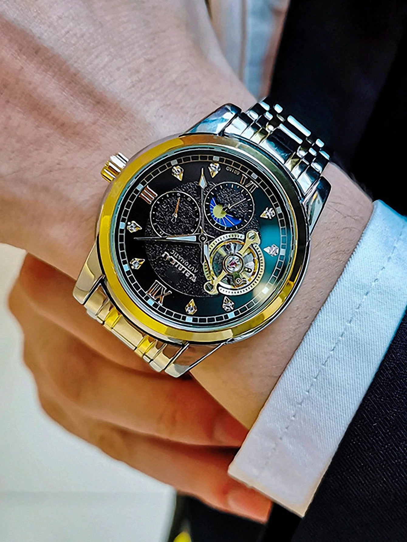 Excellence Luxury Tourbillon Iced Out Automatic Mechanical Watch for Men Luminous Hands Moon Phase Stainless Steel Strap Watches