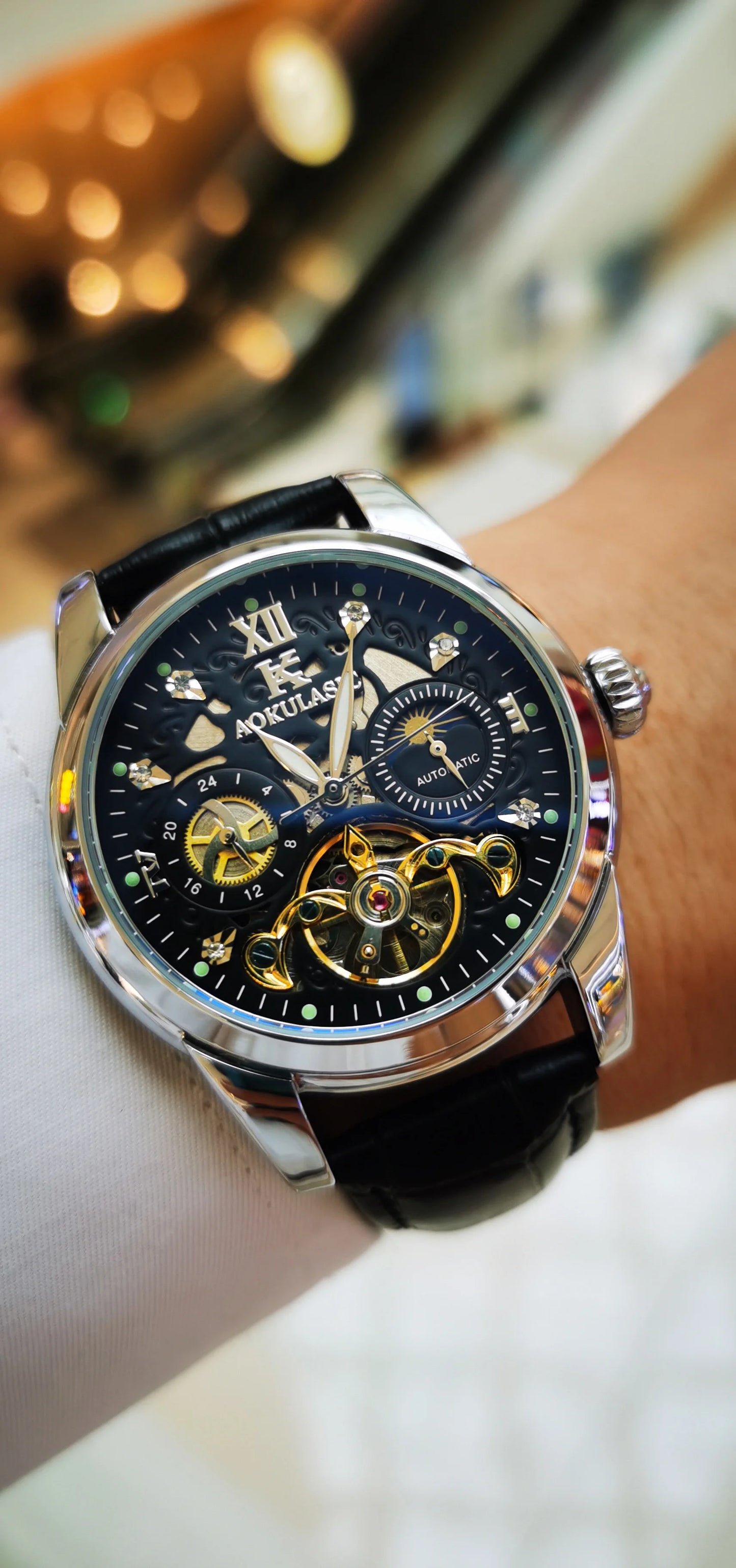 Excellence Skeleton Men's Watches Top Brand Luxury Moon Phase 24 Hours Display Iced Out Automatic Mechanical Watch Leather Strap